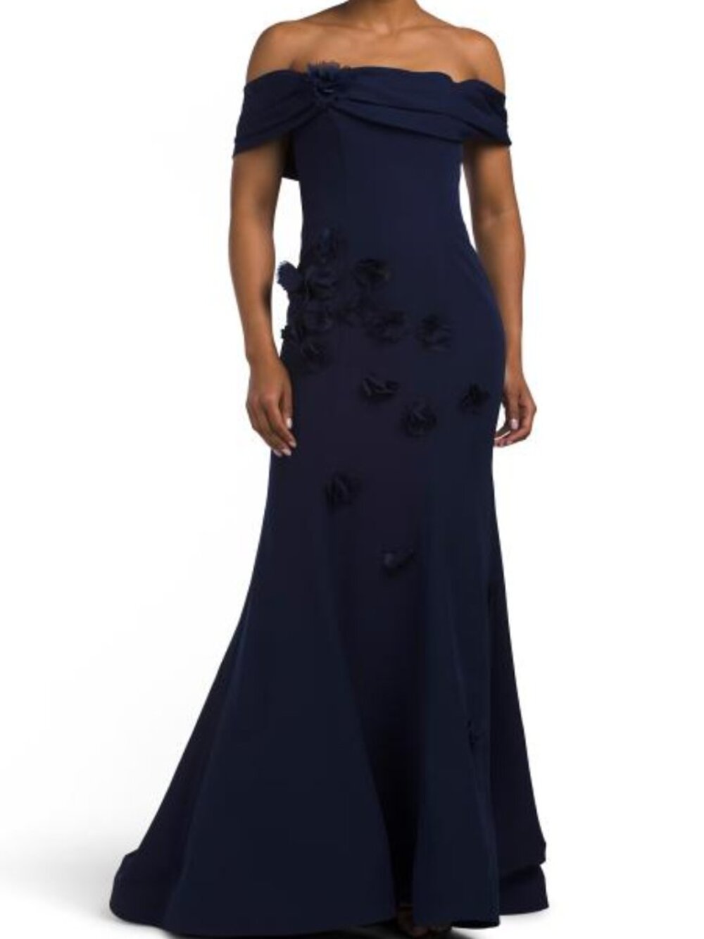 TERANI COUTURE Navy Off The Shoulder 3d Floral Gown